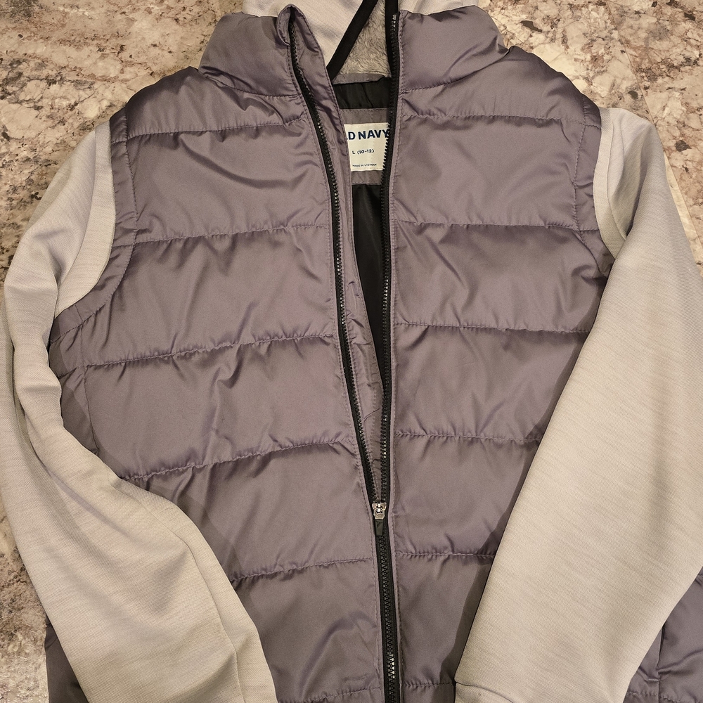Old Navy Charcoal Puffer Vest with Fleece Lined hood